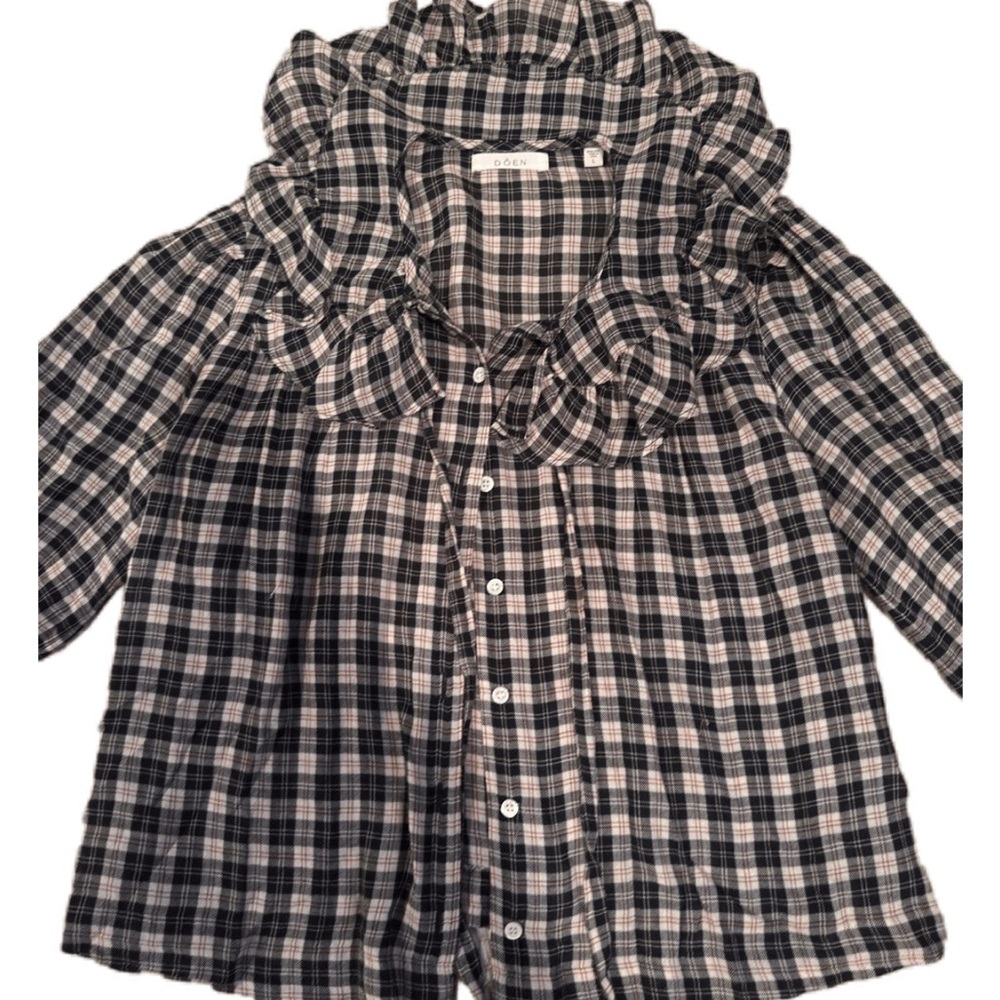 Doen Checkered Ruffle Blouse in Black and White